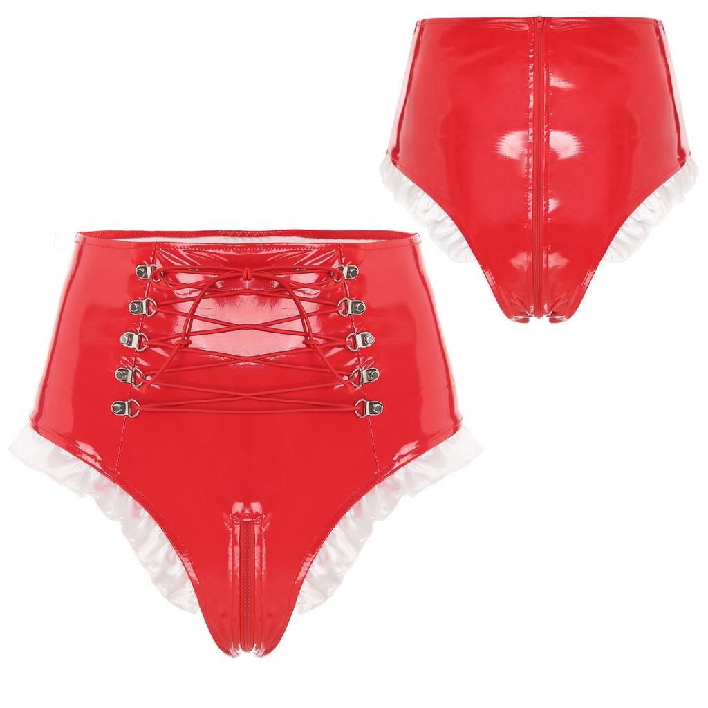 Γυναικείο γυαλιστερό λουστρίνι Frilly Maid Knickers με κορδόνια με φερμουάρ με καβάλο εσώρουχα για παιχνίδι ρόλων για νυχτερινό κέντρο διασκέδασης