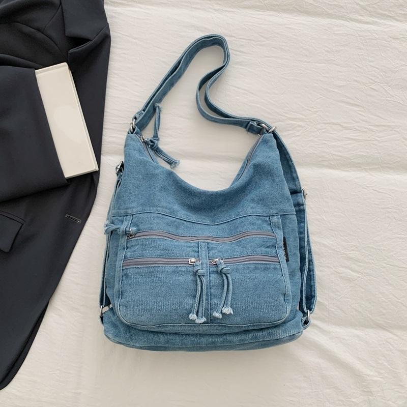 Vintage Denim Tote Bag Multi-Pocket Commuter Shoulder Crossbody Bag