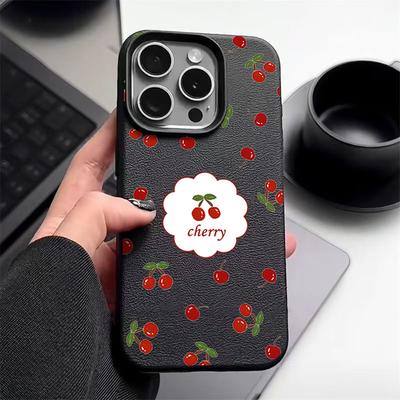 Funda de Cuero con Patrón de Cerezas Color Liso para iPhone 16 Pro 15 14 13 12 Pro Max 11 Funda Mate Suave de TPU a Prueba de Golpes