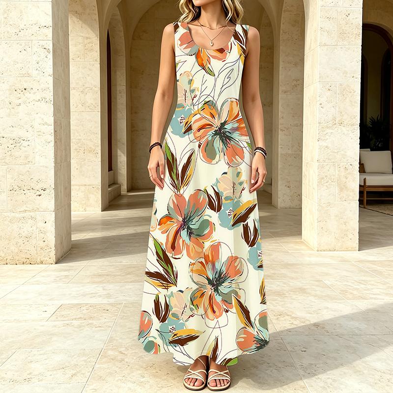 Ladies Floral Sleeveless Maxi Dress,Lightweight & Flowy,Colorful,Stylish & Comfort for Vacation,Travel & Photo Shooting