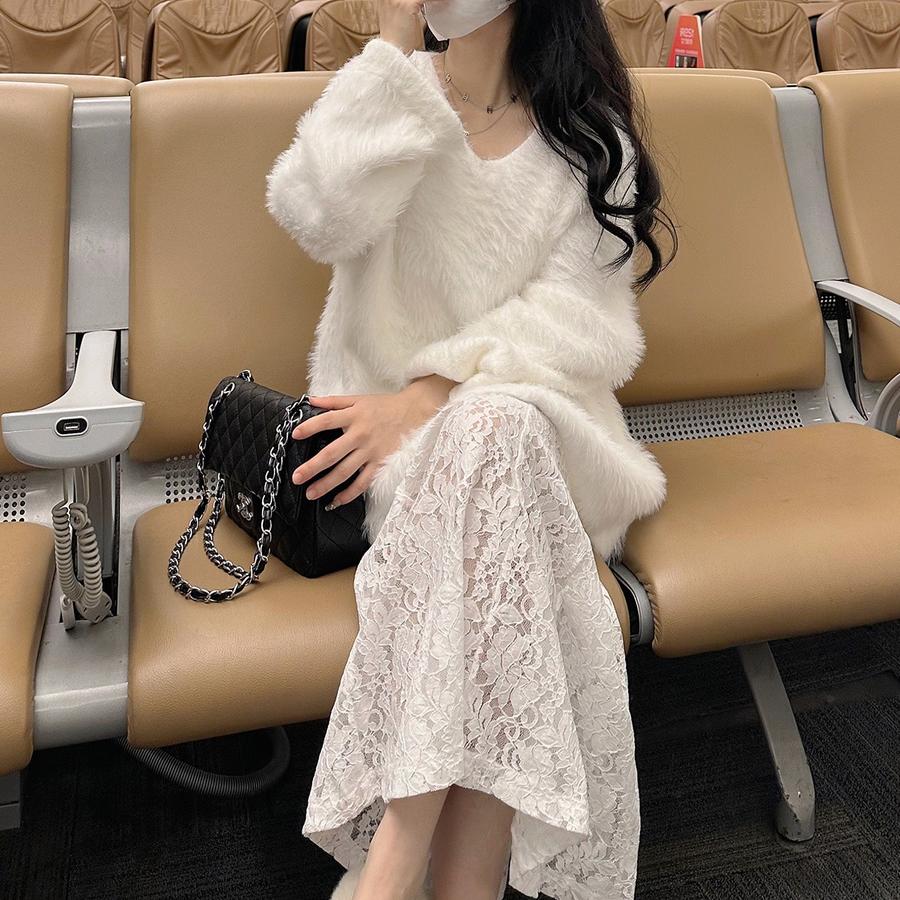 Autumn V-Neck Loose Lazy Style Faux Fur Coat Women's New Purple French Style Fashion Korean Top