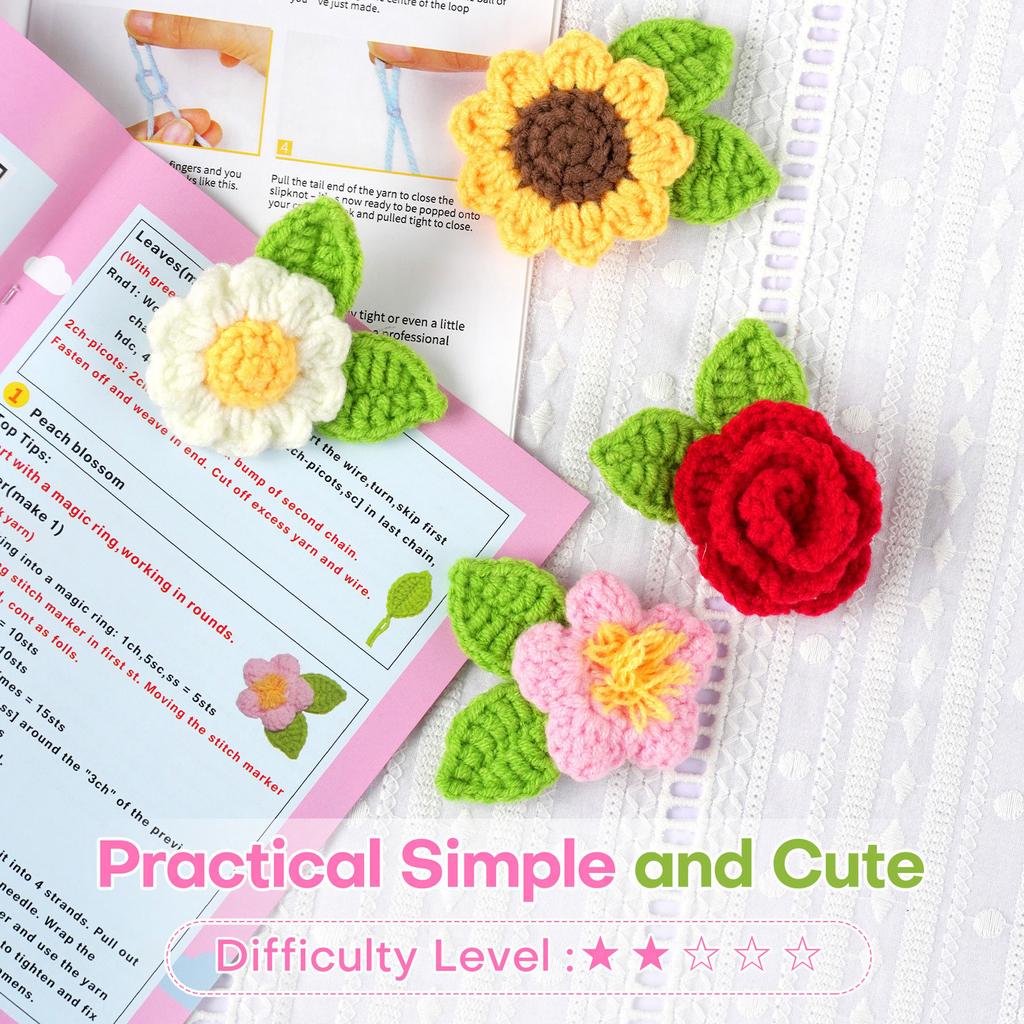Flower Brooch Crochet Kits DIY Knitting Craft with Yarn Crochet Hook Needle Knitting Marker Material for Beginners Kids