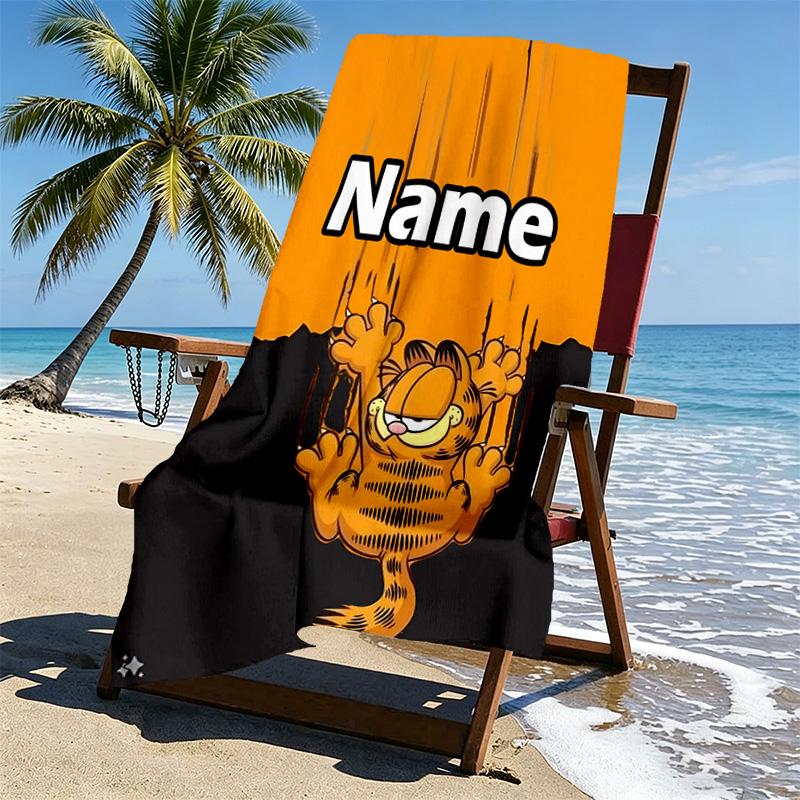 Custom Name Personalized Garfield Print Beach Towel, for Trip Camping Beach Party Home Decor, Birthday Gift for Family & Friends
