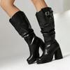 Fashion New Solid Color Pleated Laziness Style Black White Knee High Boots Women Sexy 9.5cm High Heels Fashion Show Long Boots Size34-46