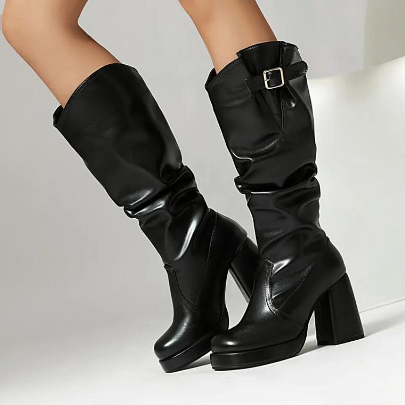 Fashion New Solid Color Pleated Laziness Style Black White Knee High Boots Women Sexy 9.5cm High Heels Fashion Show Long Boots Size34-46