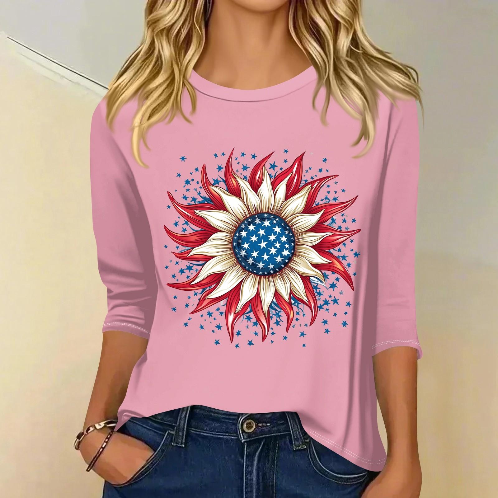

Women s Fashion Casual 3/4 Sleeve T-Shirt Printed Round Neck Pullover Top M рожевий