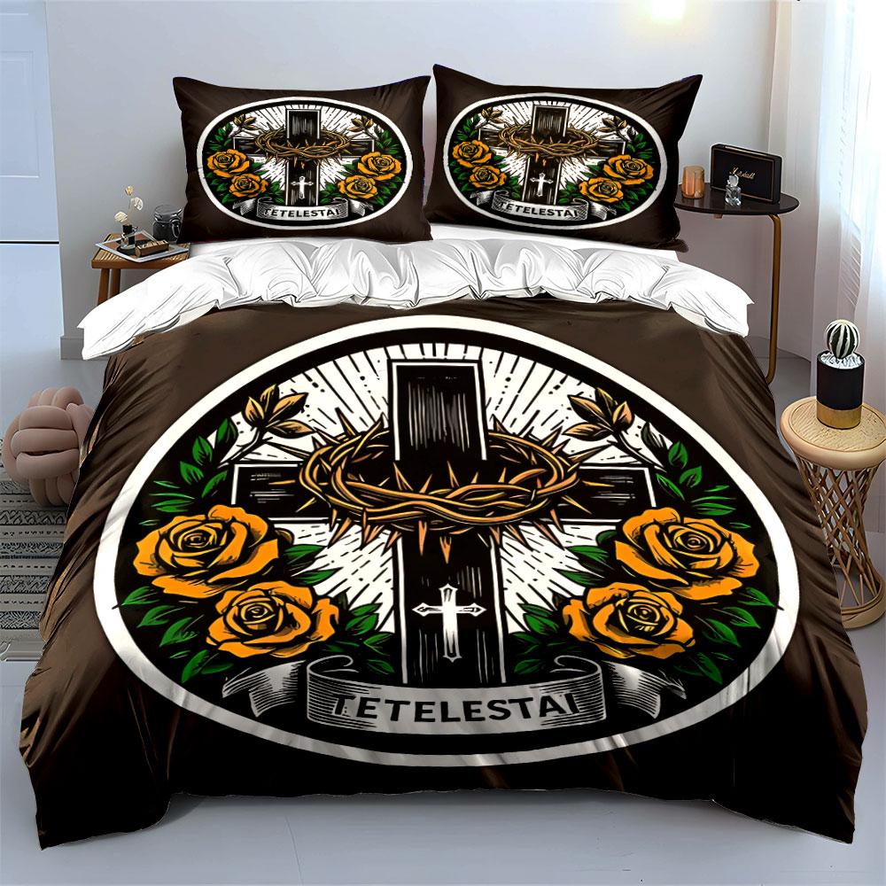 Faith-Inspired Rose Cross Set Exquisite Three-Piece Bedding Set Gift For Kids And Adults