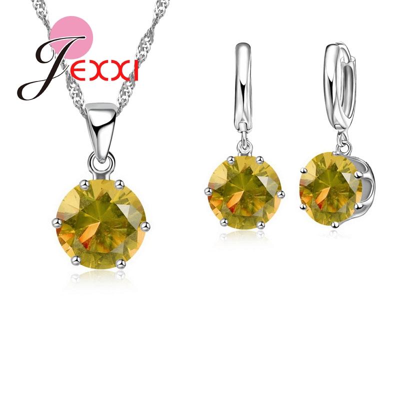 New Fashion 925 Silver Color Shiny Crystals Rhinestones Stones Woman Earring Necklace Jewelry Set 16 Colors