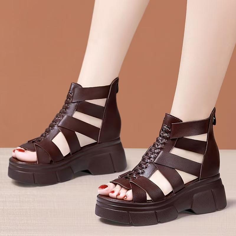 Women's Summer Leather Hollow Out Wedges Sandals Thick Sole Non Slip Breathable High Top Cover Heel Zippers Peep Toe Sandals