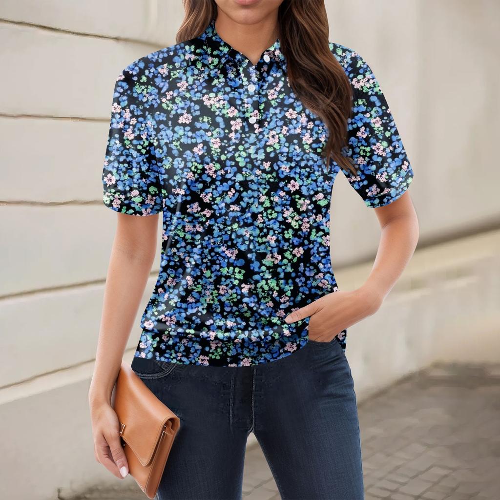 Damen-T-Shirt mit lässigem Blumendruck, V-Ausschnitt, kurzen Ärmeln und dekorativen Knöpfen