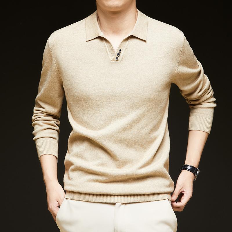 Men'S T-Shirt Spot Lapel Non-Ironing Long-Sleeved Polo Shirt, Business Men'S Knitted Sweater
