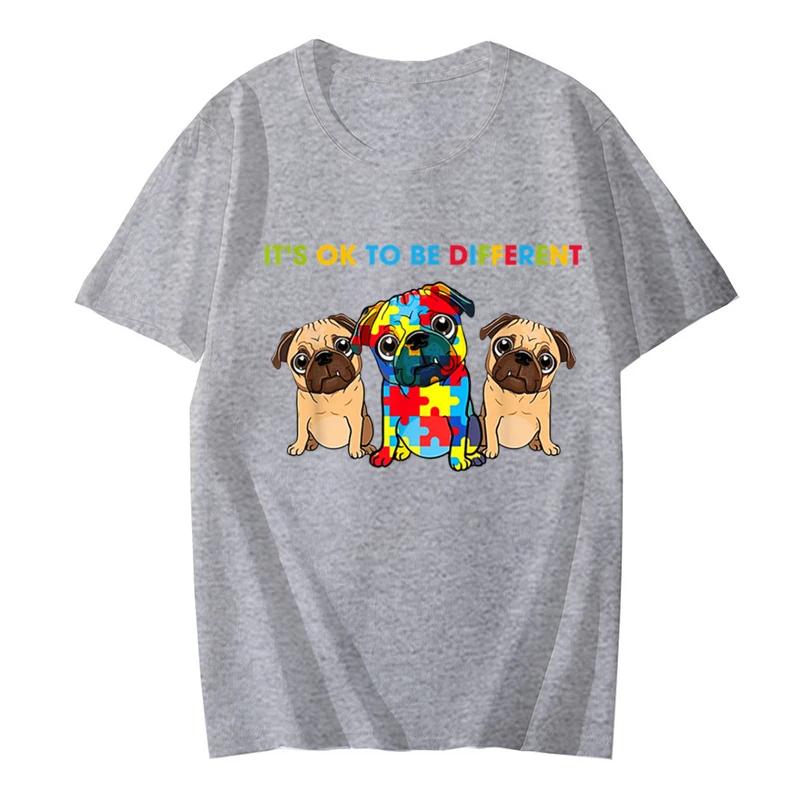 Cute Pug Dogs Its Ok To Be Different Autism Awareness Unisex T Shirt Summer Tee Shirt Streetwear Hip Hop for Kids Female Tops