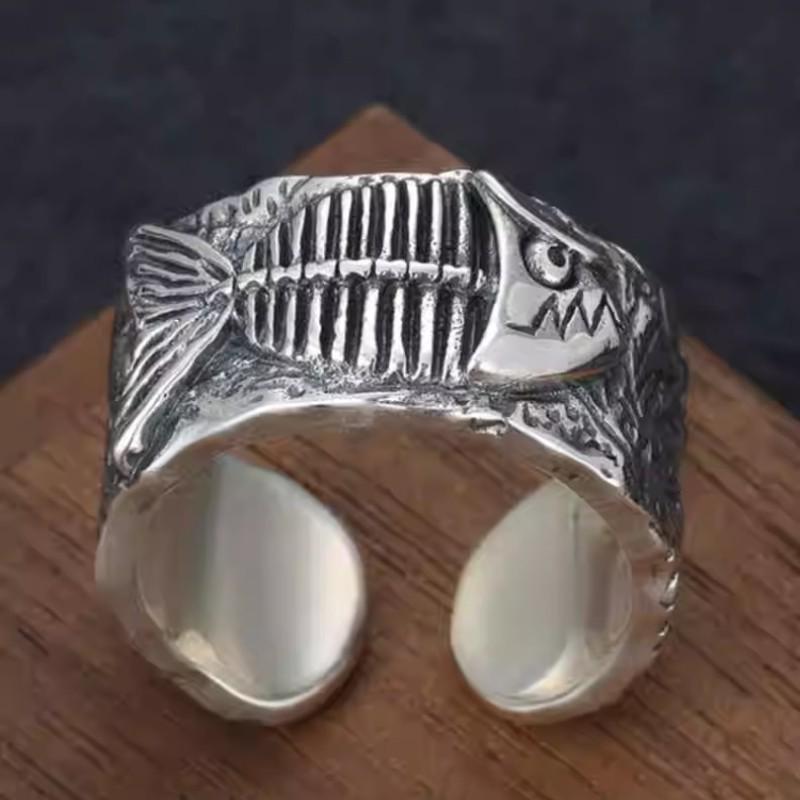 2024 Retro Fishbone Wide Band Hiphop Ring - Unisex Open Graffiti Style with Timeless Personality