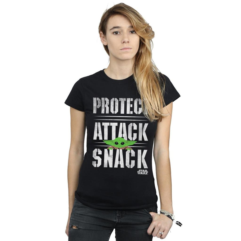 Star Wars Womens/Ladies The Mandalorian Protect Attack Snack Cotton T-Shirt