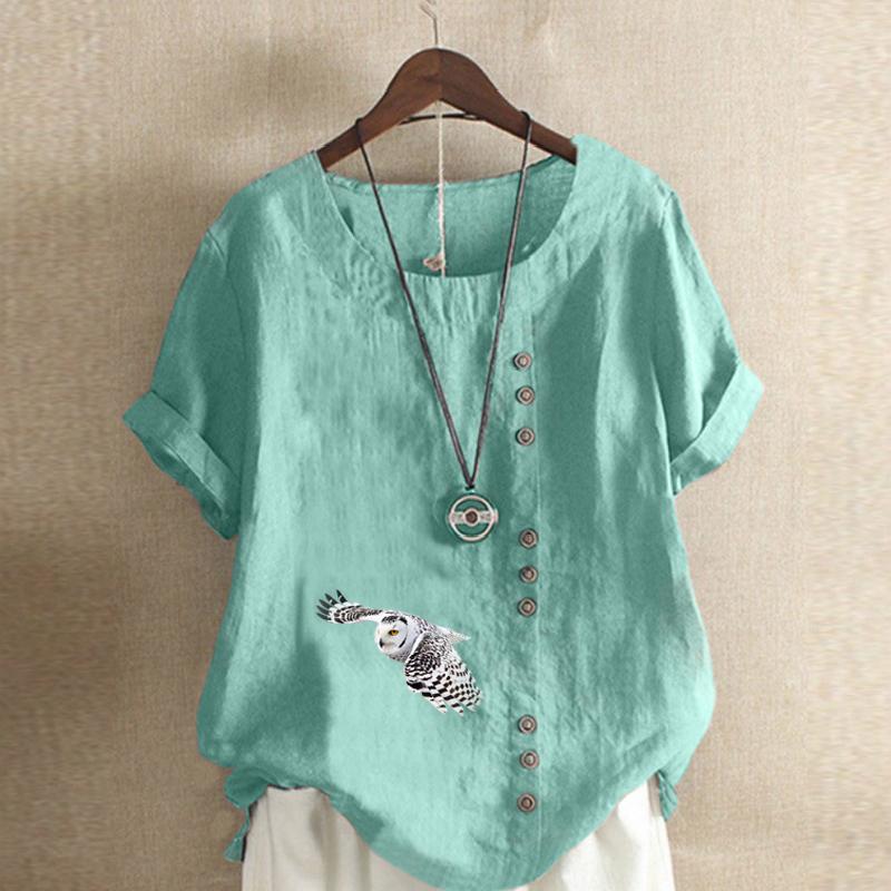 Women's Fashion Owl Prined Round Neck Short Sleeve T-shirt Casual Cotton Linen Graphic Shirt Leisure Loose Summer Blouse Tops
