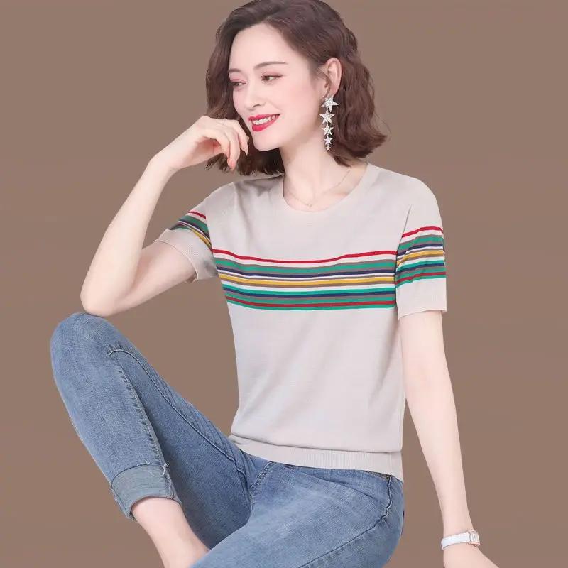 Summer Women's Striped Knit T Shirt Casual Short Sleeve Sweater Top