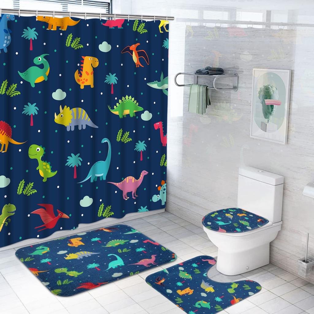 Animal World Map Shower Curtain Set With Non-Slip Rugs Toilet Lid Cover Bath Mat Kids Educational Geography Bathroom Curtain Set