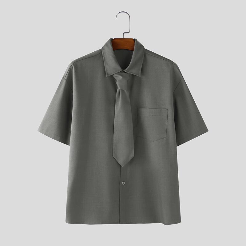 

INCERUN Oversized Men Tie Lapel Neck Short Sleeve Casual Office Shirts Tops S