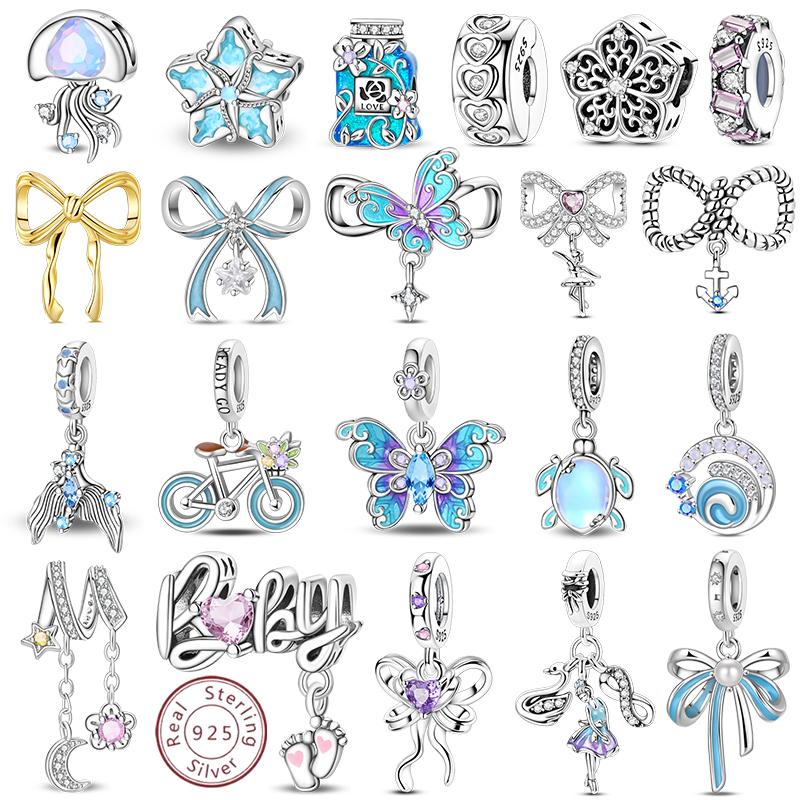 New Original Copper Beaded Bow Charm Blue Beads For Women Exquisite Diy Birthday Jewelry Gifts