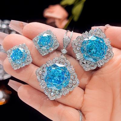 Jewelry Copper Bottom Gold-Plated Simulation Millennium Sea Blue Temperament Set Main Stone 16-10Mm