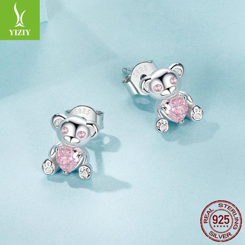 Rosa Liebe Zirkon Bär Mini Ohrstecker, Niedliche Heilung S925 Sterlingsilber Ohrstecker.