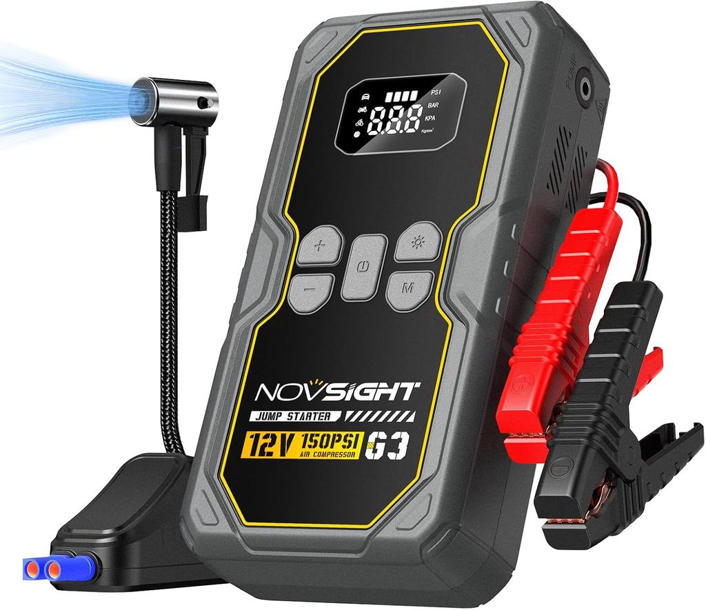 6000A 13-in-1 Portable Jump Starter with Air Compressor, 12V Power Pack for Gas/Diesel Cars, 150PSI Tire Inflator