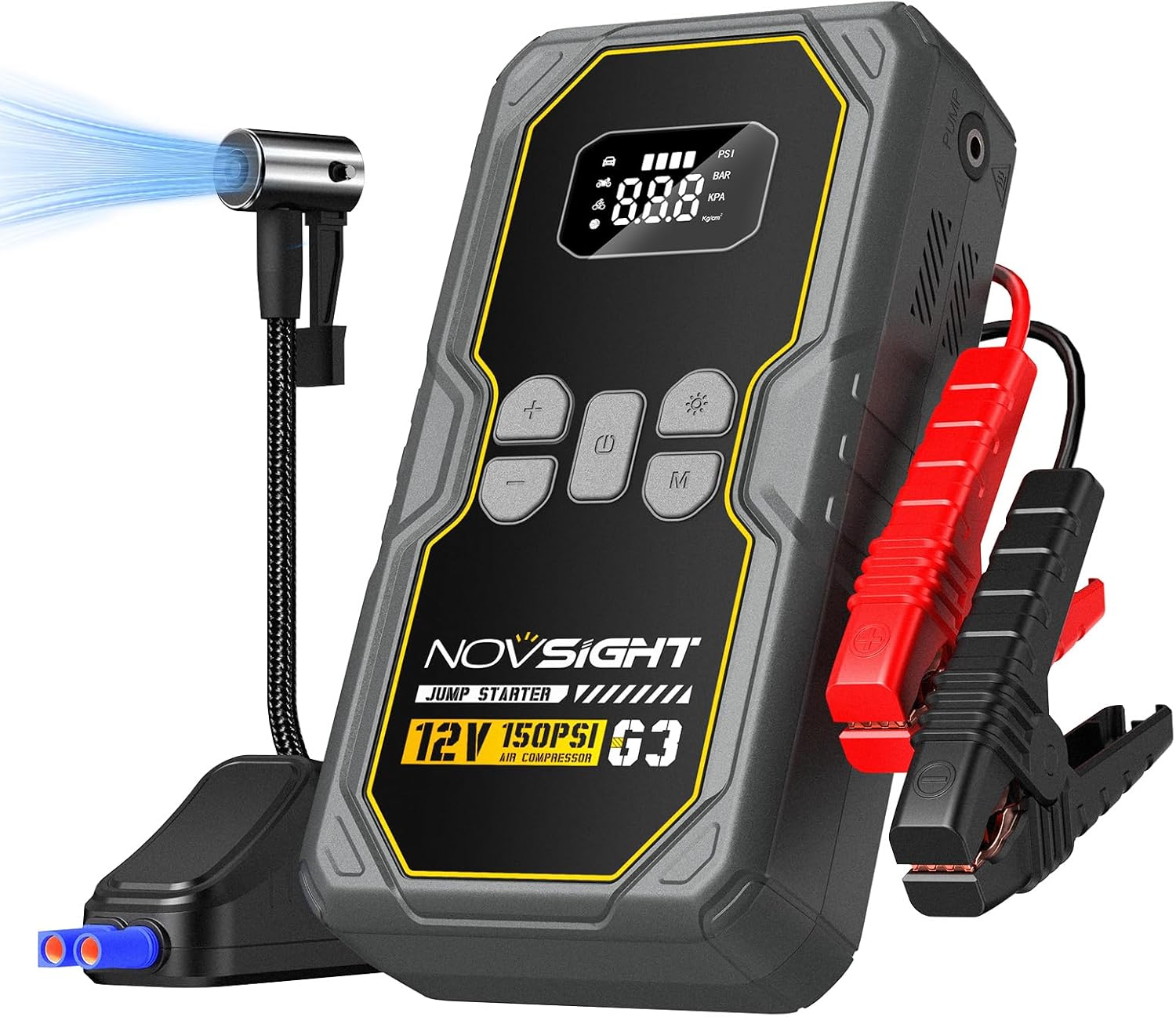 

6000A 13-in-1 Portable Jump Starter with Air Compressor, 12V Power Pack for Gas/Diesel Cars, 150PSI Tire Inflator