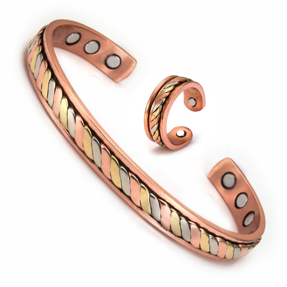 Ikuinen Магнитный комплект ювелирных изделий из чистой меди, регулируемый браслет, кольцо, винтажный комплект украшений с цветком для женщин и мужчин