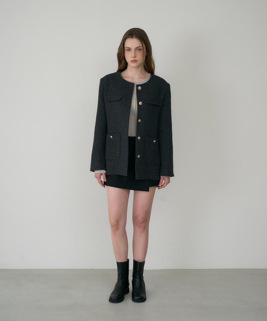 DEHEVE Classic Wool Collarless Jacket [Charcoal]