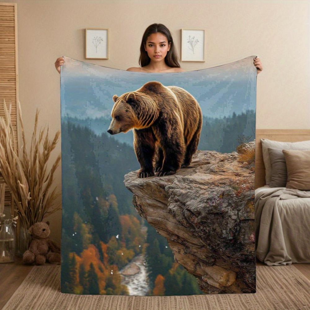 Grizzly Bear Mountain Blanket Wild Animal Art Brown Bear On Cliff Autumn Forest View Soft Fleece Throw Cozy Home Decor Gift Idea