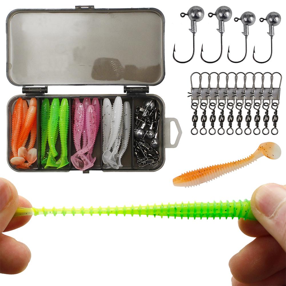 35pcs Soft Fishing Lures Kit T-Tail Swimbait with Jig Head Hook Snap Swivels Artificial Bait for Bass Trout Freshwater Saltwater