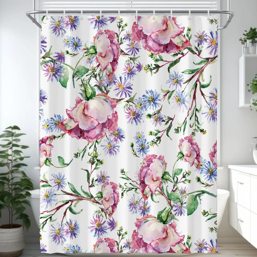 Elegant Floral Shower Curtain Set, Waterproof Fabric with Vibrant Blossoms for Romantic Bathroom Decor, Adds Garden Feel
