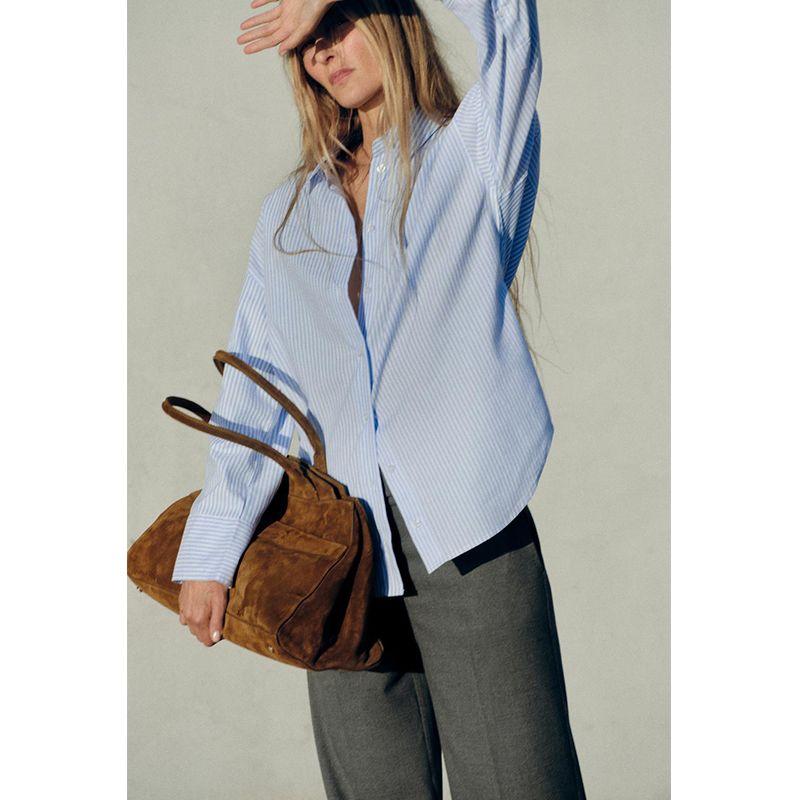 Spring and Summer Women's Clothing Asymmetric Hem Cotton Blend Long Sleeves Lapel Casual Oxford Shirt 8741049