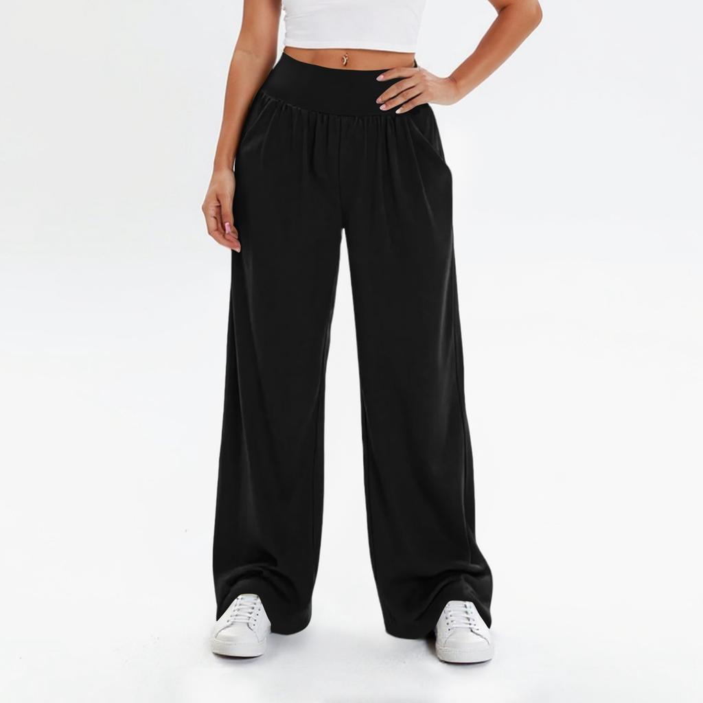 Women's Fashionable Solid Color Straight Leg Pants With High Waist Button Pockets And Elastic Waist Casual Pants
