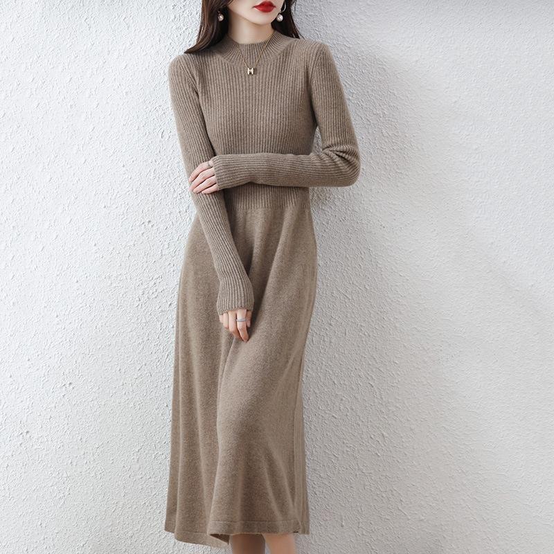 Autumn and winter knitted bottoming sweater skirt women's super long slim slim slim pullover long dress covering the stomach long sleeve dress
