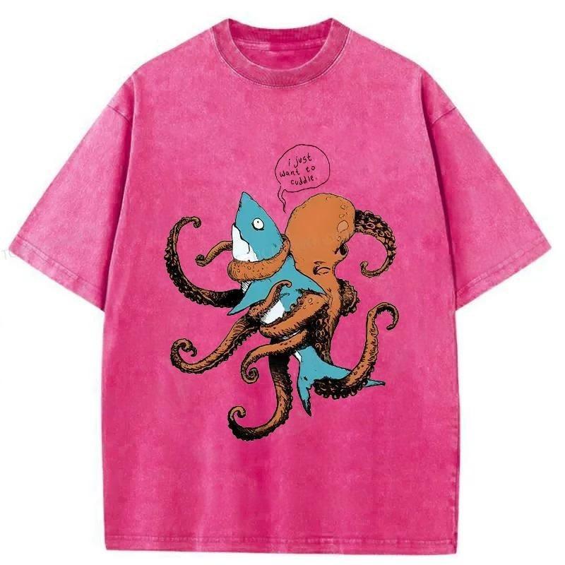 Japanese Style Y2K Hip hop Men's T-shirts Octopus Entangles Shark Washed T-Shirt Summer Retro Vintage Short Sleeve