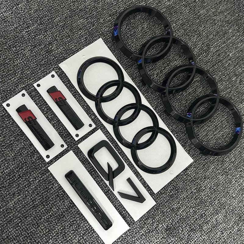 New1Pc 4Ring Logo ABS Black Car Hood Front Grill Emblem Rear Trunk Badge Sticker 1P Q7 1P Quarrto 2P Sline For AUDI Q7 2016-2023