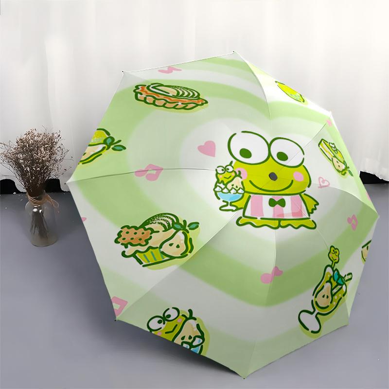 1pc Keroppi Heart-Shaped Automatic Opening/Closing Umbrella with Pear and Dessert Print - Portable Tri-Fold Design, 8-Bone Iron Frame Outdoor Umbrella