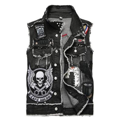 2022 Men's Black Embroidered Denim Cardigan - Spring Youth Casual Lapel Vest