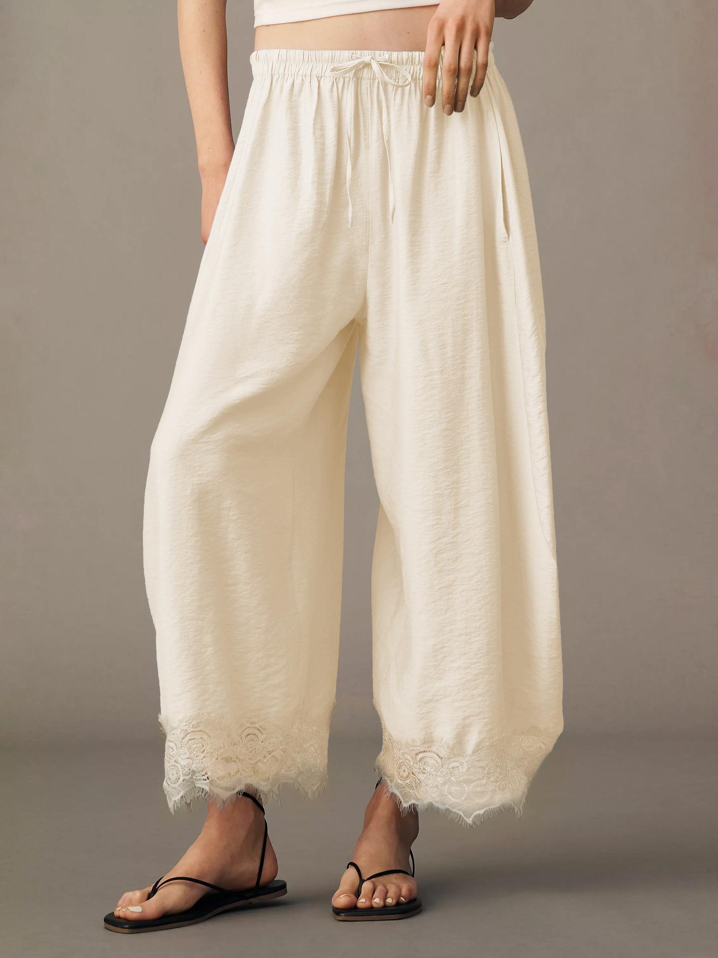 Explosive lace drawstring wide-leg cropped pants