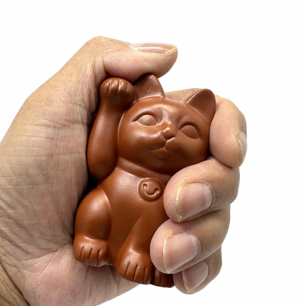 Japan Portable Grip Maneki Neko Tokoname Ware Amulet Lucky Cat Brown Color