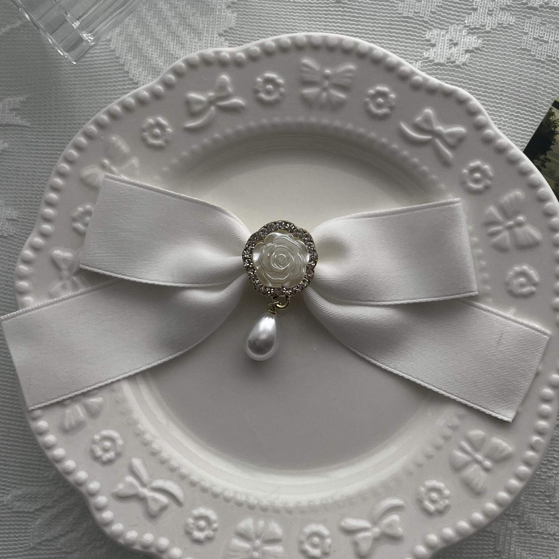 Elegant White Cotton Ribbon Bow Brooch with Rhinestone Pendant - Versatile Accessory