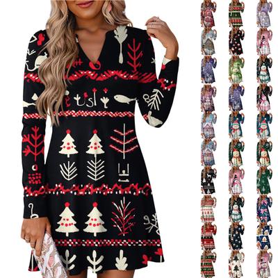 Women's Christmas Printed Dress Loose V-neck Casual Long Sleeved Dress