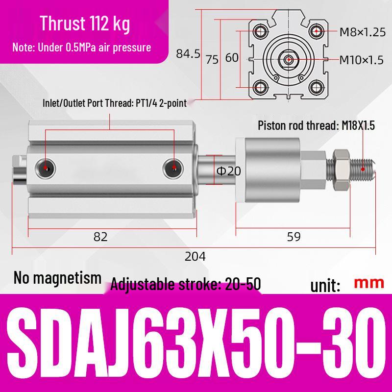 Adjustable Stroke Pneumatic Thin Cylinder - Piston Rod Sizes: 16/20/25/32/40/63
