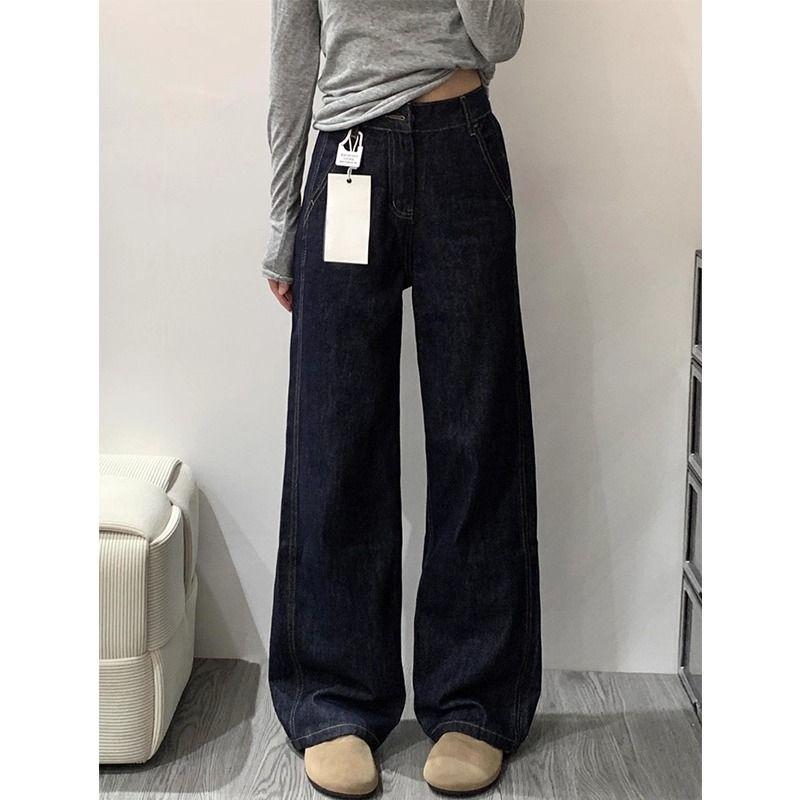 

Dark Blue Denim Wide-Leg Denim Women s Niche Design High Waist Loose and Slimming Drooping Straight Pants Summer Dark blue pants 155-165 XL