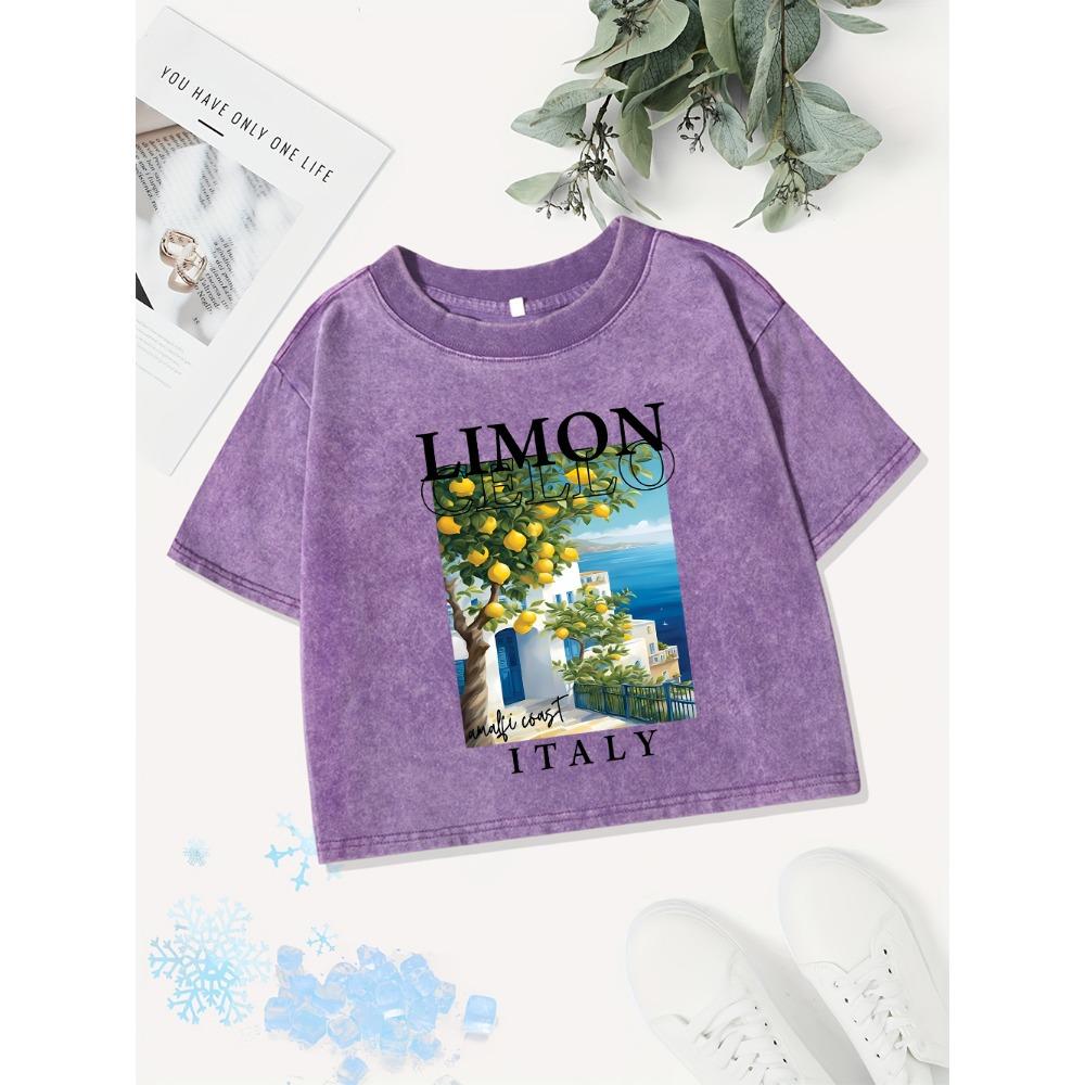 Sexy Cotton Crop Tops Womens Amalfi Coast Italy Lemonprinting Washed T-Shirts Fit Tees Y2K Womans Clothes