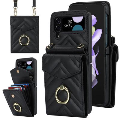 Fashion Leather Phone Case For Samsung Galaxy Z Flip 5 4 Z Flip 3 5G With Long Lanyard Crossbody Bag Wallet Holder Protect Cover