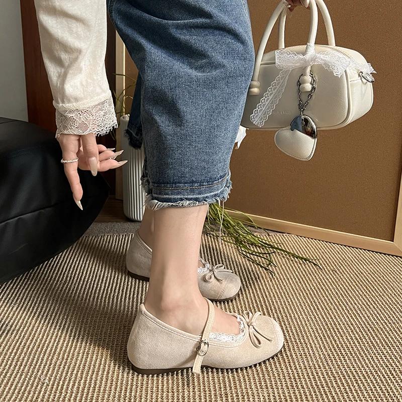 2025 Women's Fashion Single Shoes Spring New Round Head Shallow Mouth Bow Lace Metal Buckle Soft Sole Non-slip Flat Shoes