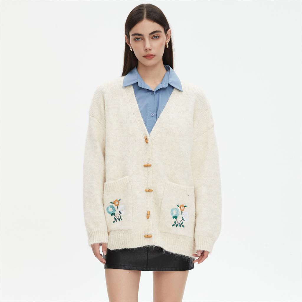 Dimanaf 2025 Sweaters Buttons Embroidery Print Cardigan Autumn Pockets Women Print Sweaters Knitting Loose Sweater