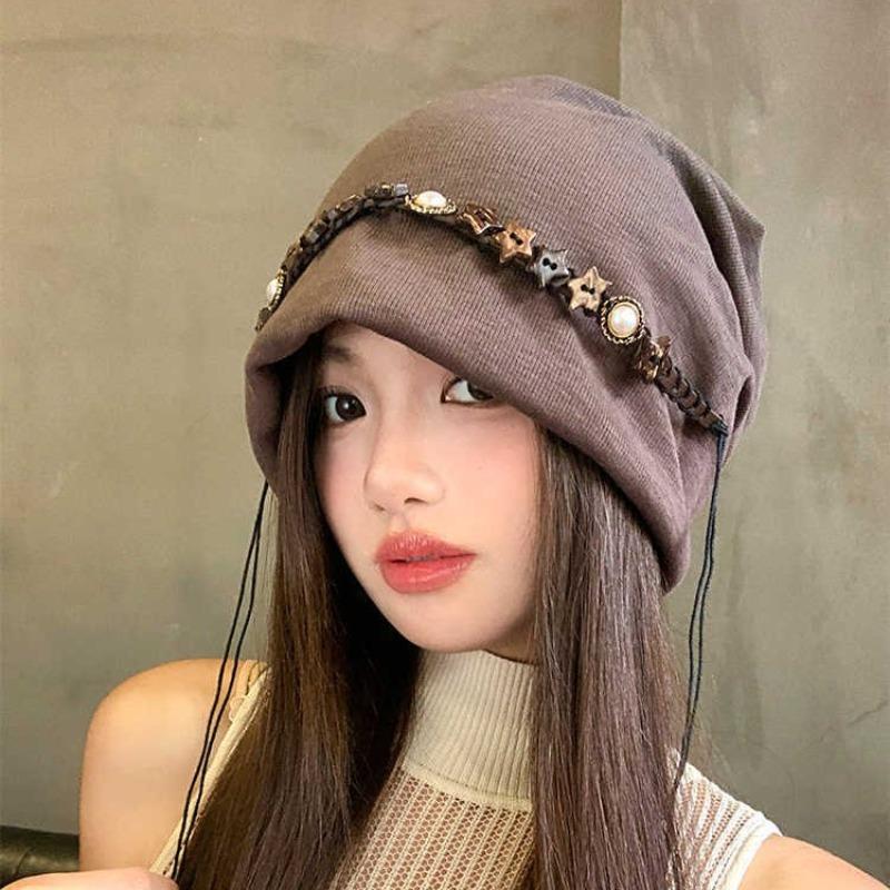 Autumn and winter hats, women's pentagram headgear, retro versatile stacking hat, large brim, small face, cold hat